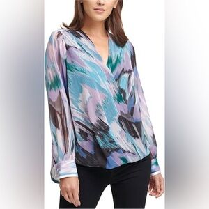 DKNY Printed Surplice Wrap Blouse Womens Medium